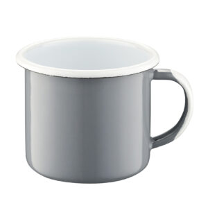 Kubek klasyczny emaliowany w kolorze szarym z manufaktury Olkuskie Wyroby Emaliowane.