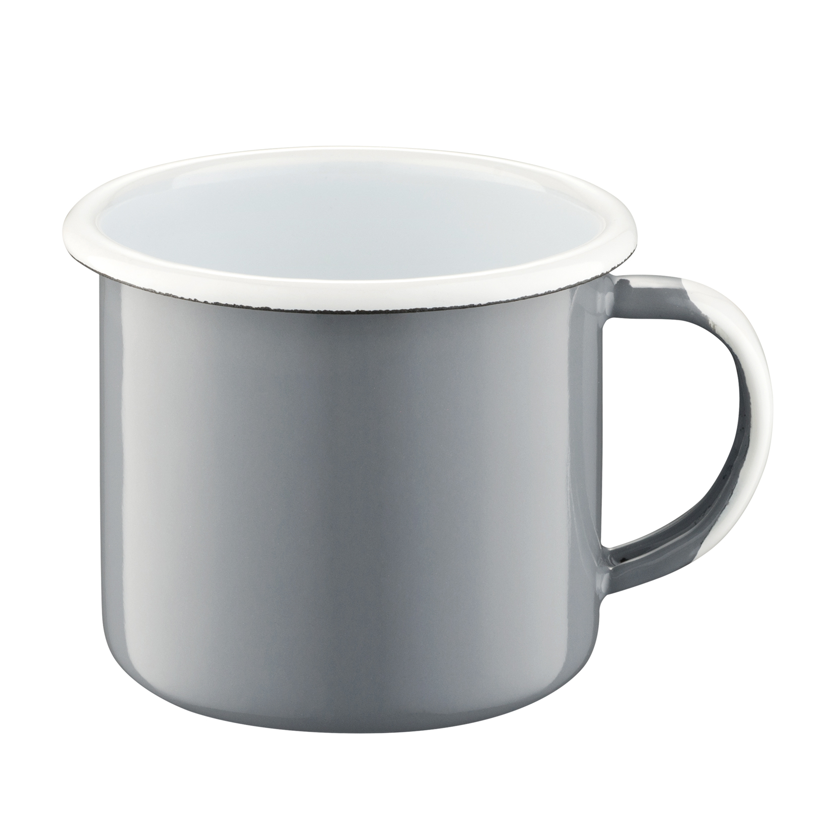 Kubek klasyczny emaliowany w kolorze szarym z manufaktury Olkuskie Wyroby Emaliowane.