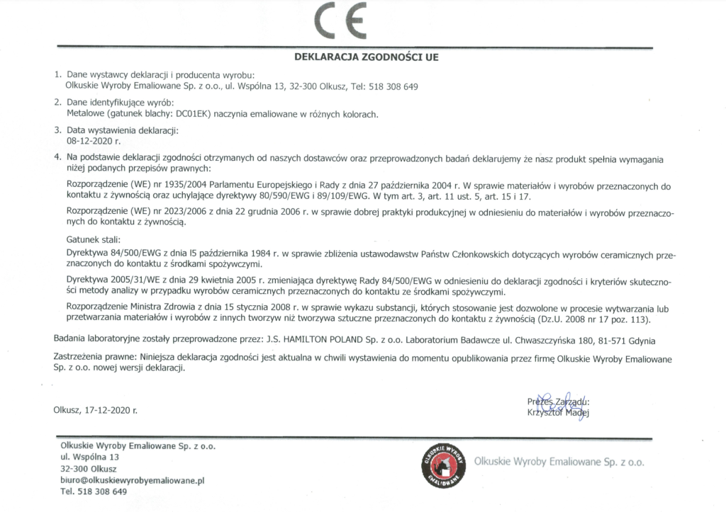 Deklaracja zgodności UE Olkuskie Wyroby Emaliowane